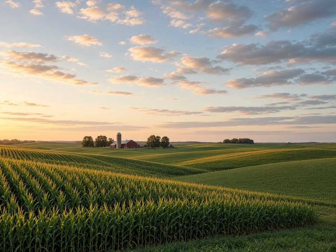 Rolling Midwest farmland with a red barn at sunset